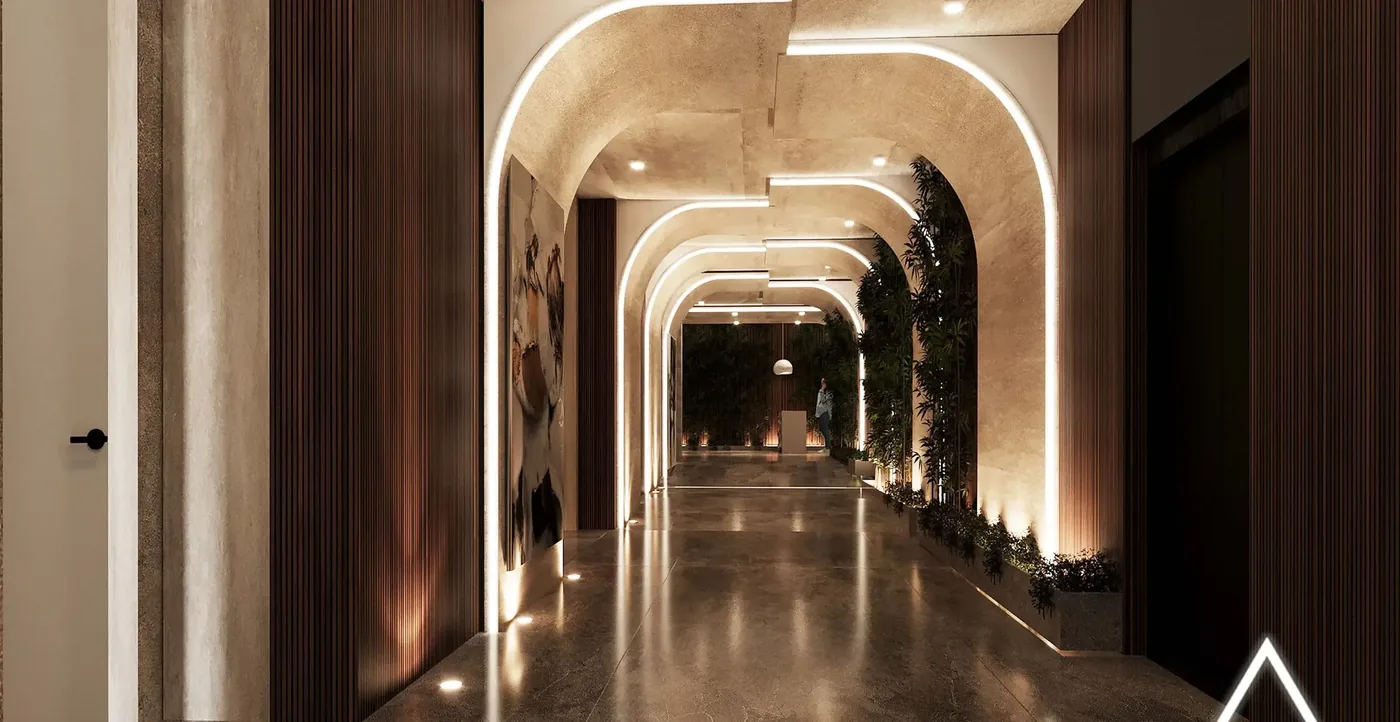 DIM Mobilya interior — travertine arched corridor