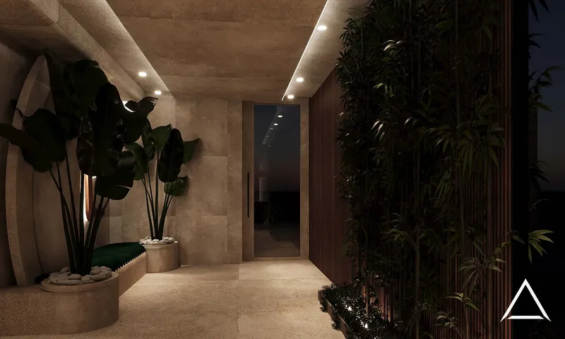 Moody travertine interior hall with backlit signage, iT Malta — DIM Mobilya