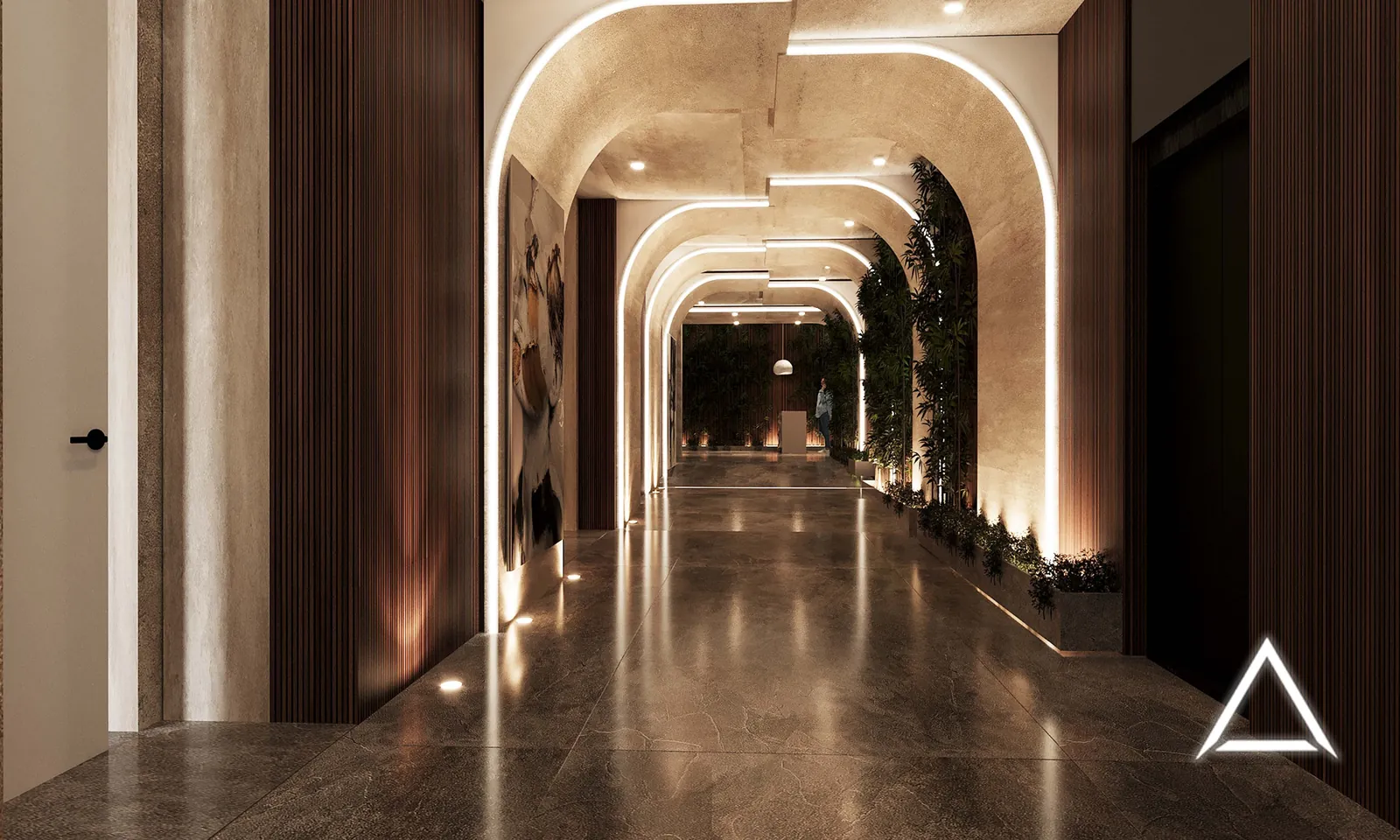 Arched travertine wall cladding, iT Malta interior