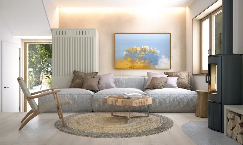 Residential living room lounge with panelled walls, Lyon Villa, France — DIM Mobilya