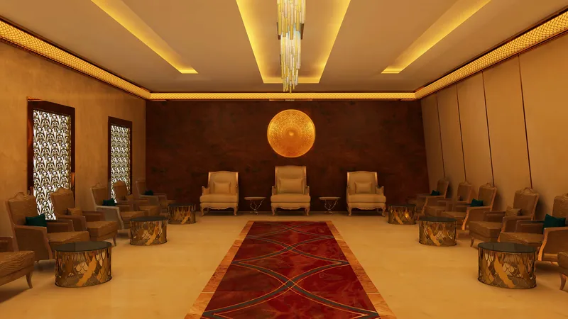 Majlis reception hall with patterned carpet and timber joinery — DIM Mobilya